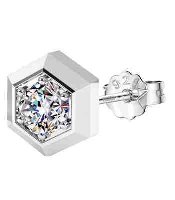 American Diamond Earrings For Men, Hexagonal Stud 925 Silver