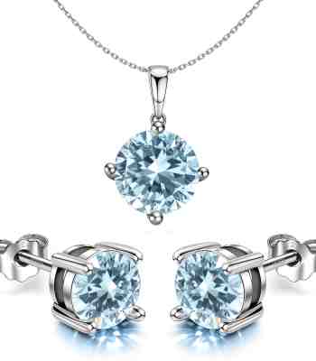 Aquamarine Birthstone Stud Necklace Set In 925 Sterling Silver