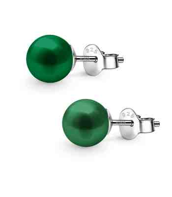 Dark Green Pearl Earrings, Classic Solitaire Studs In 925 Silver