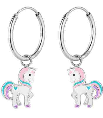 Fantasy Unicorn Dangle Hoop Earrings For Girls In 925 Silver