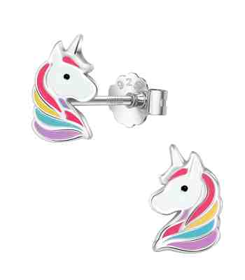 Rainbow Unicorn Screw Back Stud Earrings In 925 Silver For Girls