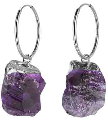 Raw Amethyst Stone Hoop Earrings In 925 Sterling Silver
