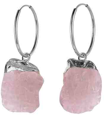 Rose Quartz Earrings, Rough Cut Hoops In 925 Sterling Silver