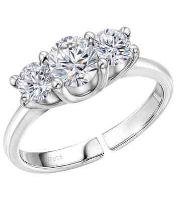 Silver Diamond Ring: Triple Solitaire Adjustable 925 Engagement Ring