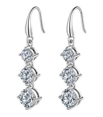 Triple Solitaire Drop Earrings With American Diamond In Sterling Silver
