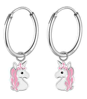 Unicorn Hoops: Roseate Dangle Earrings In Sterling Silver For Girls