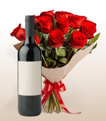 12 Roses Bouquet with Wine