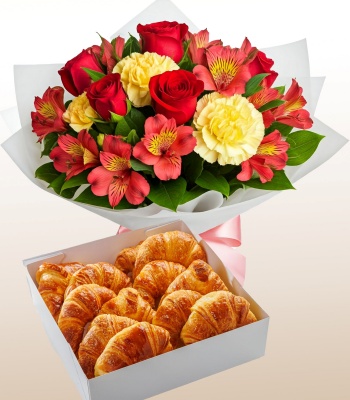 6 Red Roses & Yellow Carnation Bouquet with Croissants Gift