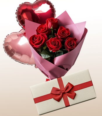 Anniversary Combo - Roses, mini balloons and a box of Bon o Bon