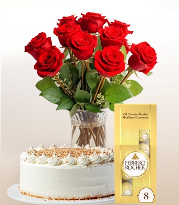 Birthday Red Roses, Cake and Ferrero chocloates