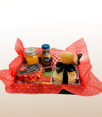 Breakfast Gift Hamper  Waffles, Sandwich, Fruits & Café Olé on Wooden Tray