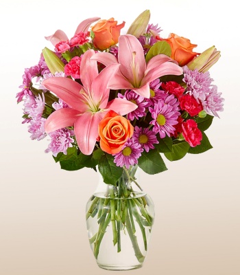 Cheerful Elegance Vase  Roses, Lilies & Carnations Flower Arrangement