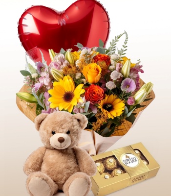 Good Luck Flower Bouquet with Balloon and Teddy Bear and Chocolates Combo