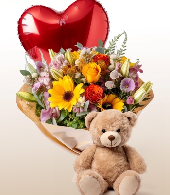 Good Luck Flower Bouquet with Balloon and Teddy Bear