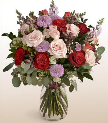 Graceful Love Bouquet  Red, Pink & Cream Roses with Purple Daisies