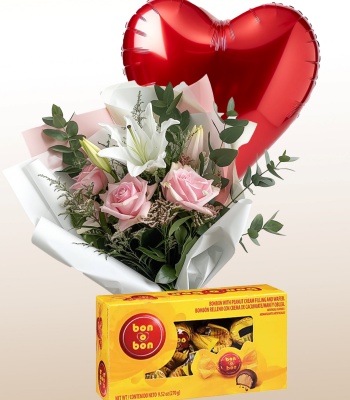 Roses & Lilies Bouquet - Floral Gift with Bon o Bon & Balloon