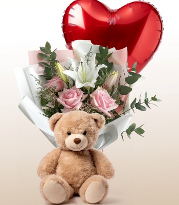 Roses & Lilies Bouquet - Floral Gift with Teddy Bear & Balloon