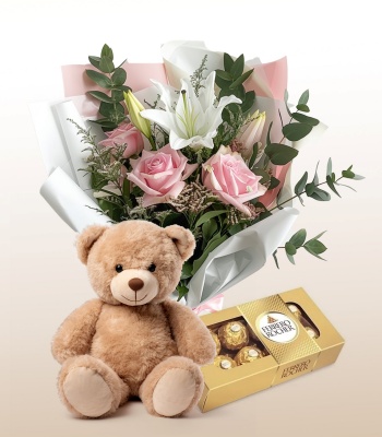 Roses & Lilies Bouquet - Floral Gift with Teddy Bear & Chocolates