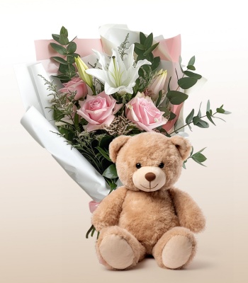 Roses & Lilies Bouquet - Floral Gift with Teddy Bear