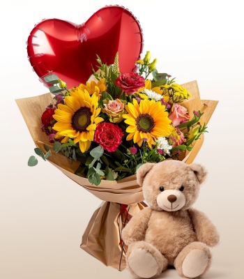 Sunflower and Rose Bouquet with Balloons and Teddy Bear