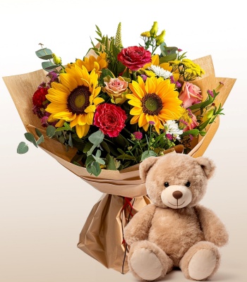 Sunflower and Rose Bouquet with Teddy Bear