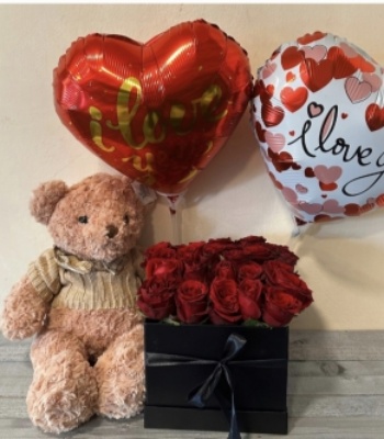 Valentine's Day Red Roses with Teddy and Balloon