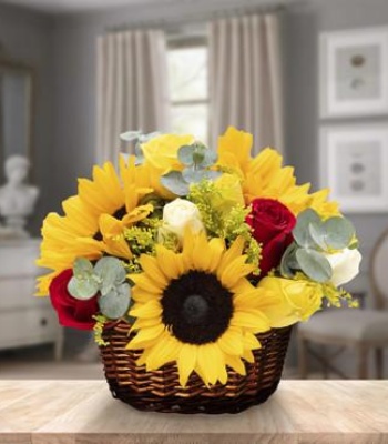 Bright Joy Flower Basket - Sunflowers & Multicolored Roses in Wicker Basket
