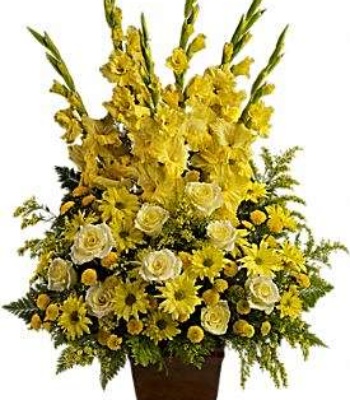 Bright Yellow Flower Arrangement -Roses, Gladiolus & Chrysanthemums