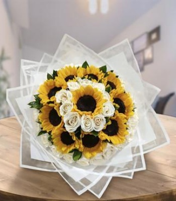 Get Well Sunflower and White Rose Flower Bouquet