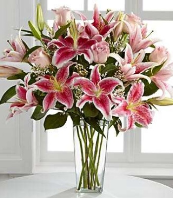 Pink Roses & Stargazer Lilies Flower Arrangement