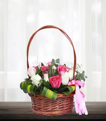 Pink Roses in Basket And Bow