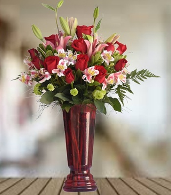 Red Rose & White Lily Flower Bouquet