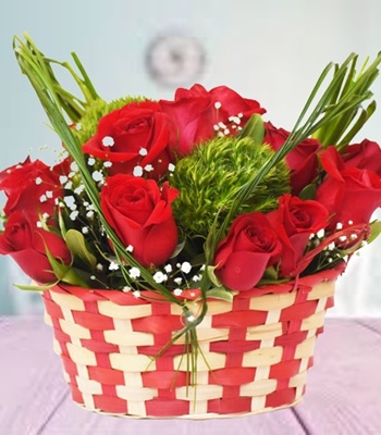Rose Flower Basket - Red Roses in a Fancy Woven Basket