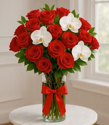 Romantic Red Roses Arrangement With Orchids