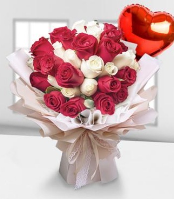 Romantic White & Red Roses Bouquet with Love Balloon