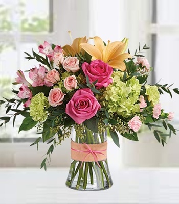 Rose and Lily Arrangement In Vase & Charming Bow