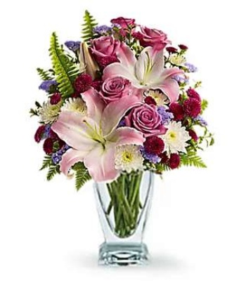 Roses, Lilies & Chrysanthemums Flower Arrangement in Glass Vase
