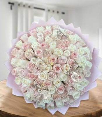 Six Dozen Pink & White Roses Bouquet with Decorative Butterflies