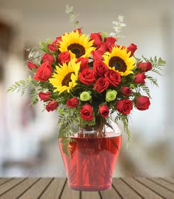Sunflowers And Rose Flower Bouquet