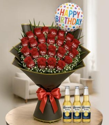 Ultimate Birthday Surprise - Roses, Beer & Balloon