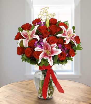 Valentine's Love Roses & Stargazer Lilies Vase