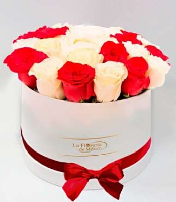 White Box of Red and White Roses