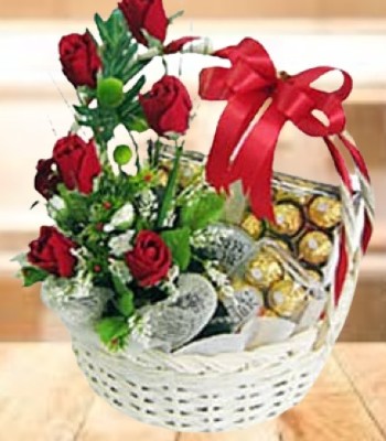 Rose Flower Basket with Chocolates
