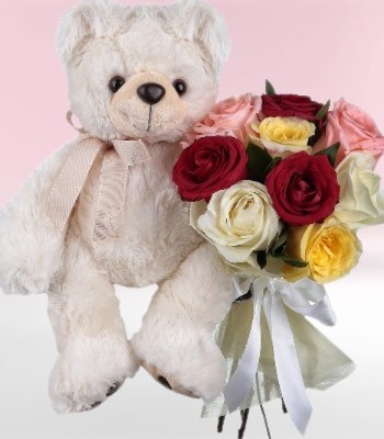 Mix Rose Bouquet with Teddy Bear