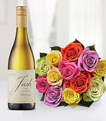 Multicolored Roses With A Bottle of Wine