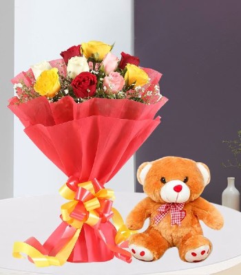 Multicolour Roses Bouquet With Teddy