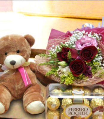 Rose Bouquet With  Teddy Bear And Chocolates