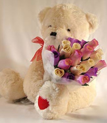 Mix Rose Bouquet With Teddy Bear