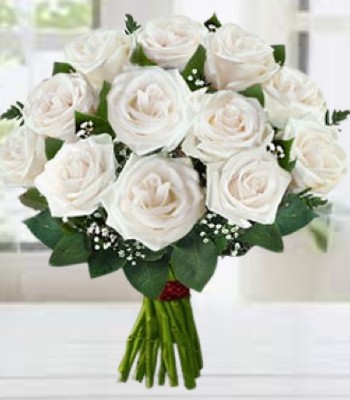 White Rose Flower Bouquet - Dozen White Roses Hand-Tied