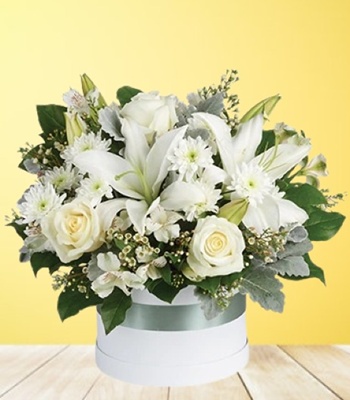 White Flowers Hat Box Arrangement